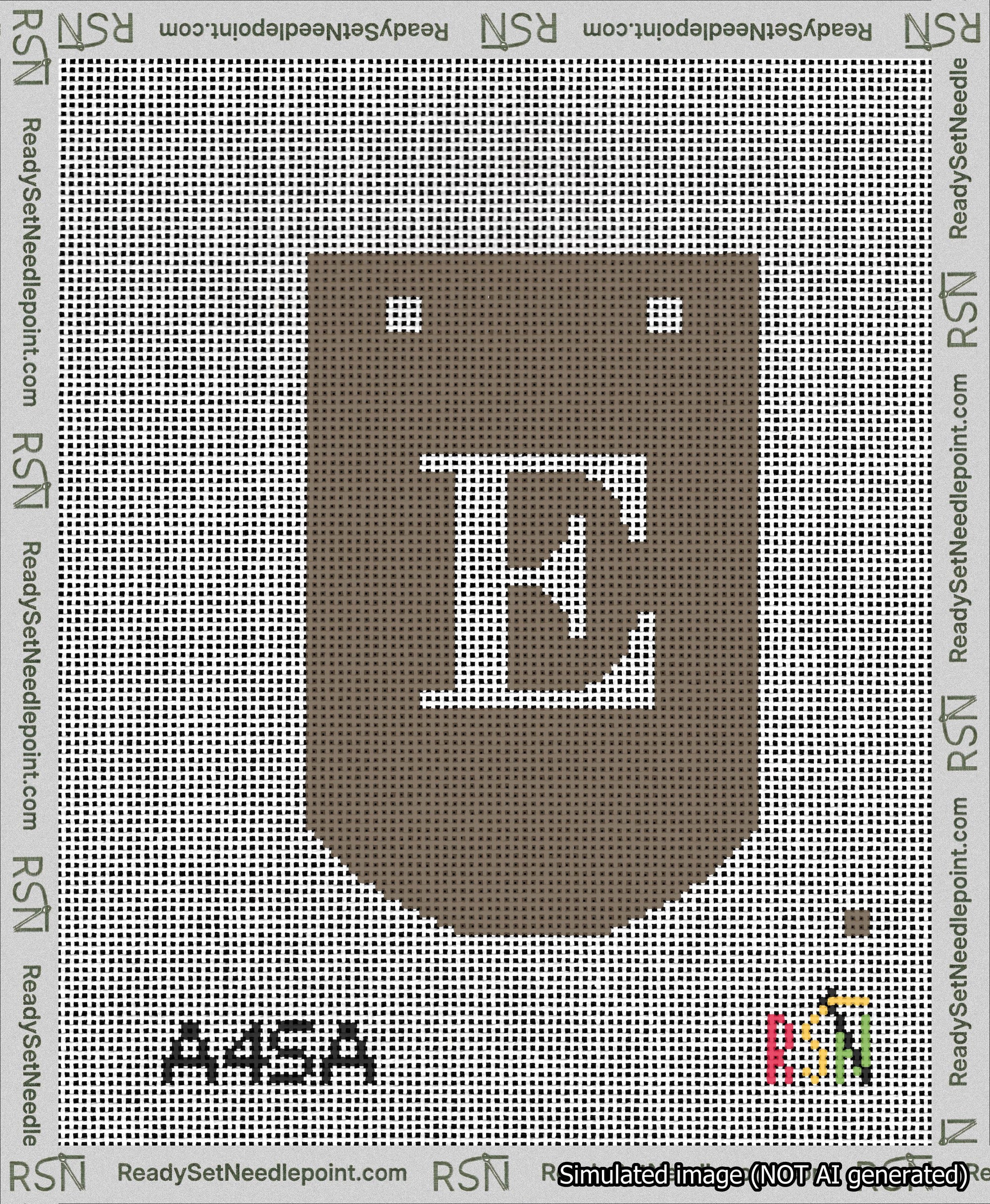A taped needlepoint canvas with the design: Banner 13 mesh count Curved E White on Brown.