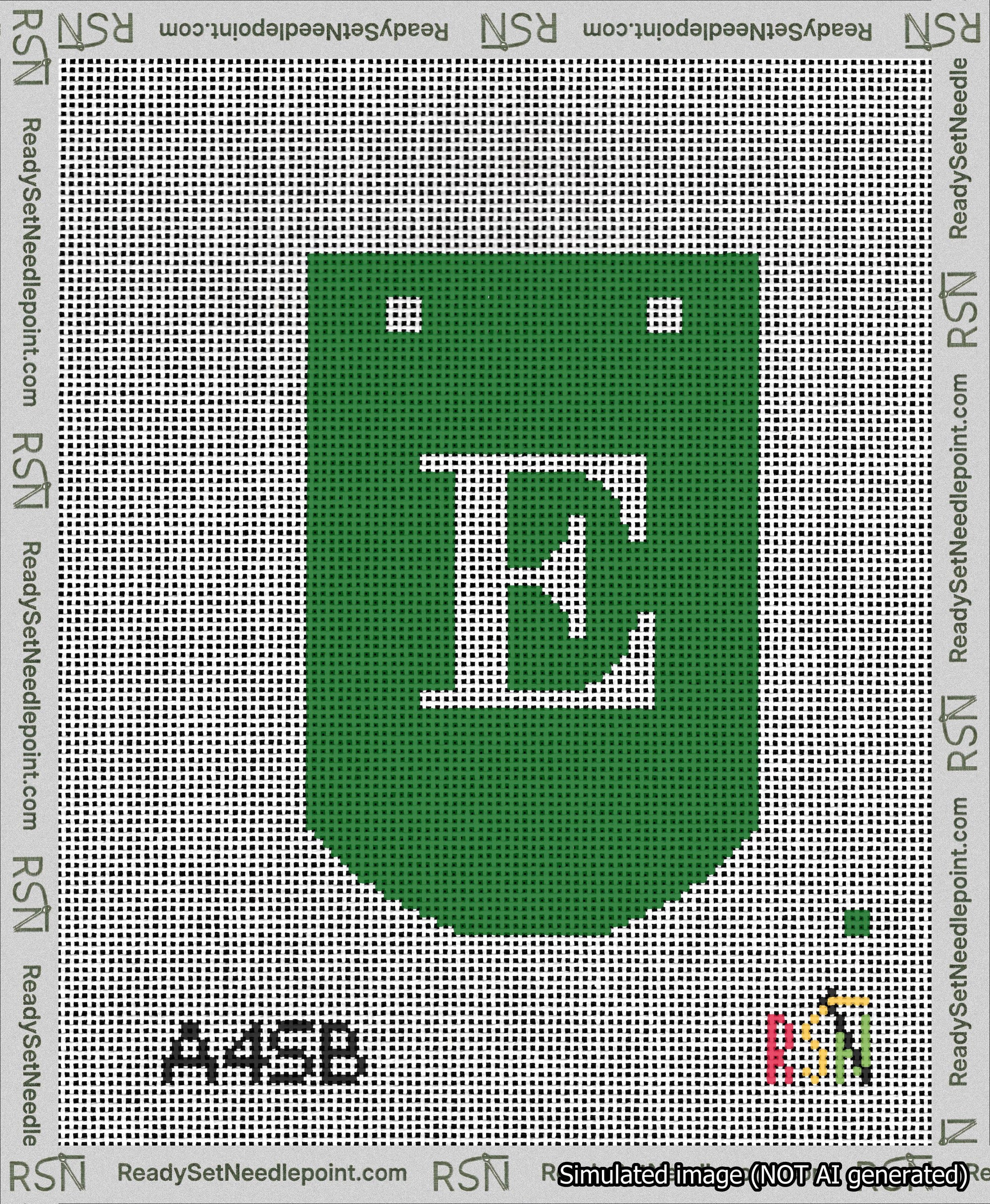 A taped needlepoint canvas with the design: Banner 13 mesh count Curved E White on Green.