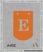 A taped needlepoint canvas with the design: Banner 13 mesh count Curved E White on Orange.