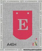 A taped needlepoint canvas with the design: Banner 13 mesh count Curved E White on Red.