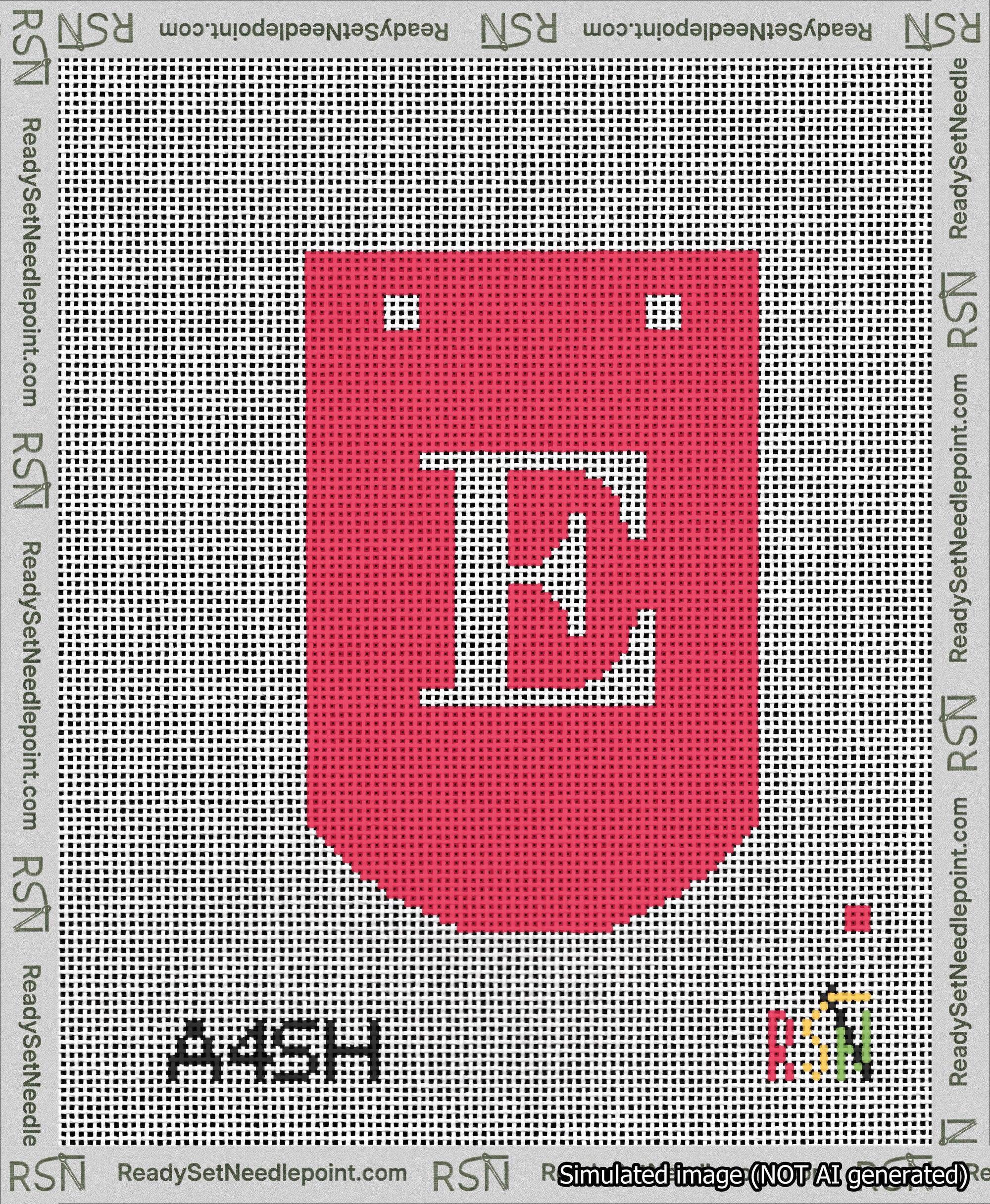 A taped needlepoint canvas with the design: Banner 13 mesh count Curved E White on Red.