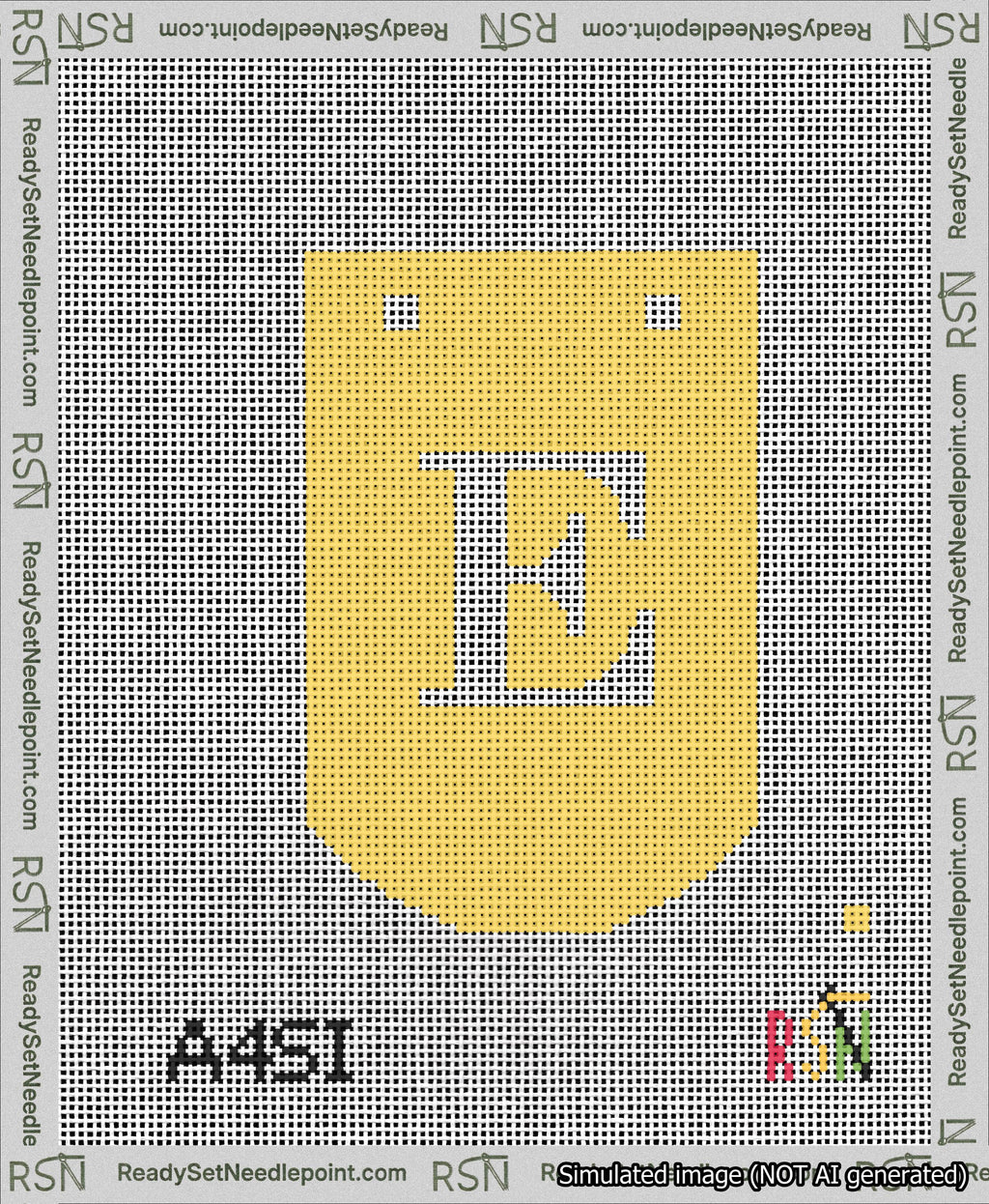 A taped needlepoint canvas with the design: Banner 13 mesh count Curved E White on Yellow.