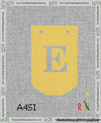 A taped needlepoint canvas with the design: Banner 13 mesh count Curved E White on Yellow.