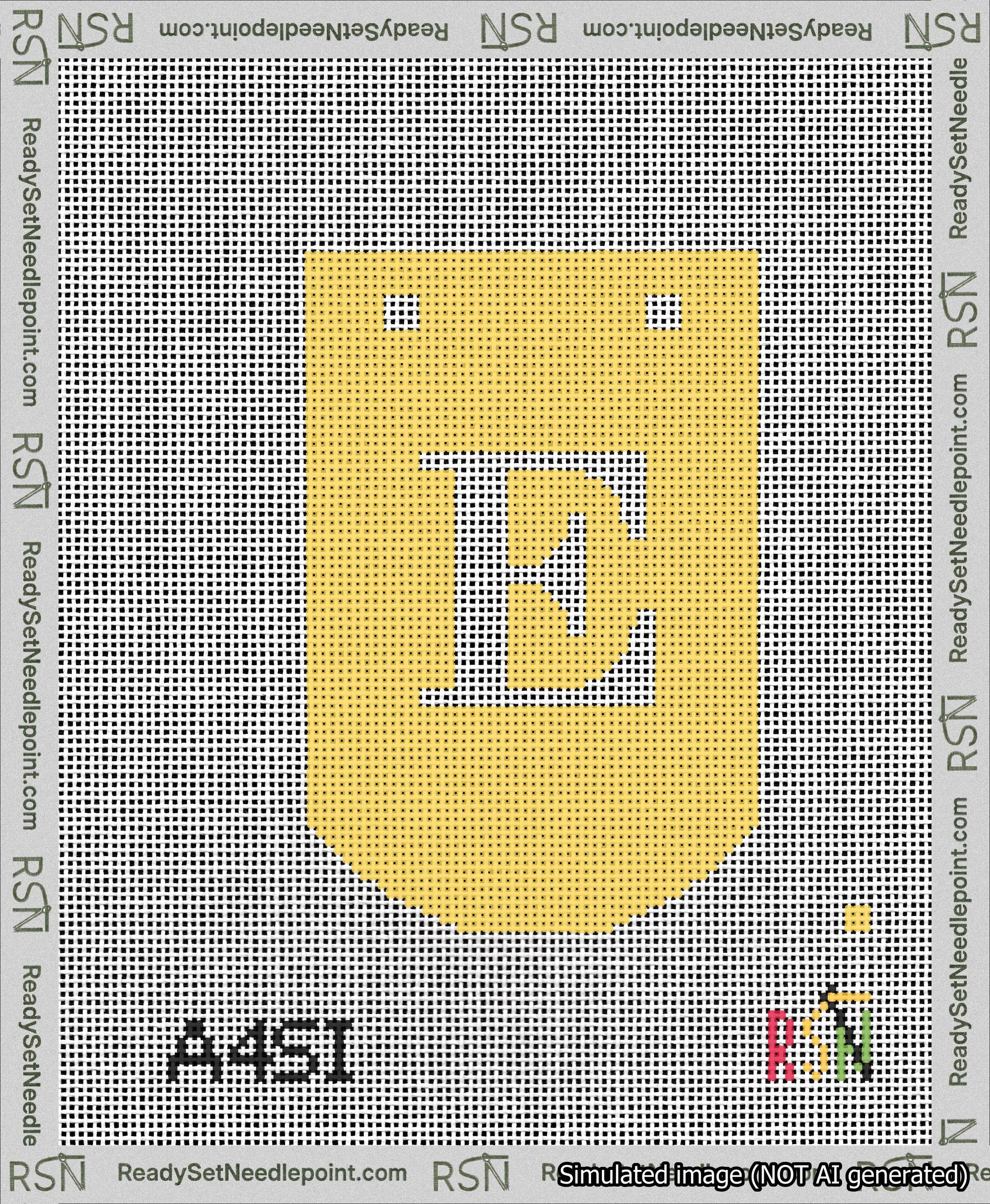 A taped needlepoint canvas with the design: Banner 13 mesh count Curved E White on Yellow.