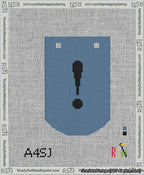 A taped needlepoint canvas with the design: Banner 13 mesh count Curved Exclamation Black on Blue.
