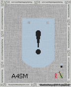 A taped needlepoint canvas with the design: Banner 13 mesh count Curved Exclamation Black on Light Blue.