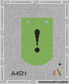 A taped needlepoint canvas with the design: Banner 13 mesh count Curved Exclamation Black on Light Green.