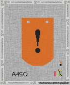 A taped needlepoint canvas with the design: Banner 13 mesh count Curved Exclamation Black on Orange.
