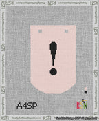 A taped needlepoint canvas with the design: Banner 13 mesh count Curved Exclamation Black on Pink.