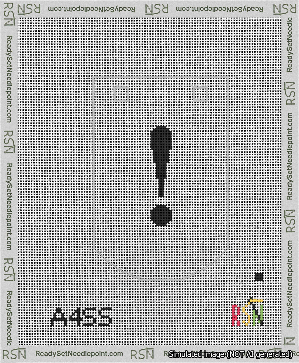 A taped needlepoint canvas with the design: Banner 13 mesh count Curved Exclamation Black on White.