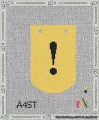 A taped needlepoint canvas with the design: Banner 13 mesh count Curved Exclamation Black on Yellow.