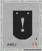 A taped needlepoint canvas with the design: Banner 13 mesh count Curved Exclamation White on Black.