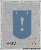 A taped needlepoint canvas with the design: Banner 13 mesh count Curved Exclamation White on Blue.