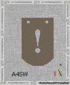 A taped needlepoint canvas with the design: Banner 13 mesh count Curved Exclamation White on Brown.