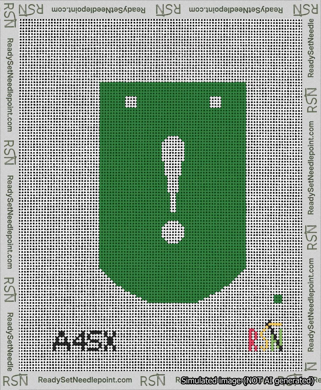 A taped needlepoint canvas with the design: Banner 13 mesh count Curved Exclamation White on Green.