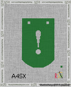 A taped needlepoint canvas with the design: Banner 13 mesh count Curved Exclamation White on Green.