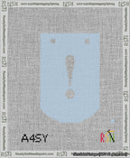 A taped needlepoint canvas with the design: Banner 13 mesh count Curved Exclamation White on Light Blue.