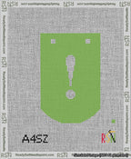A taped needlepoint canvas with the design: Banner 13 mesh count Curved Exclamation White on Light Green.