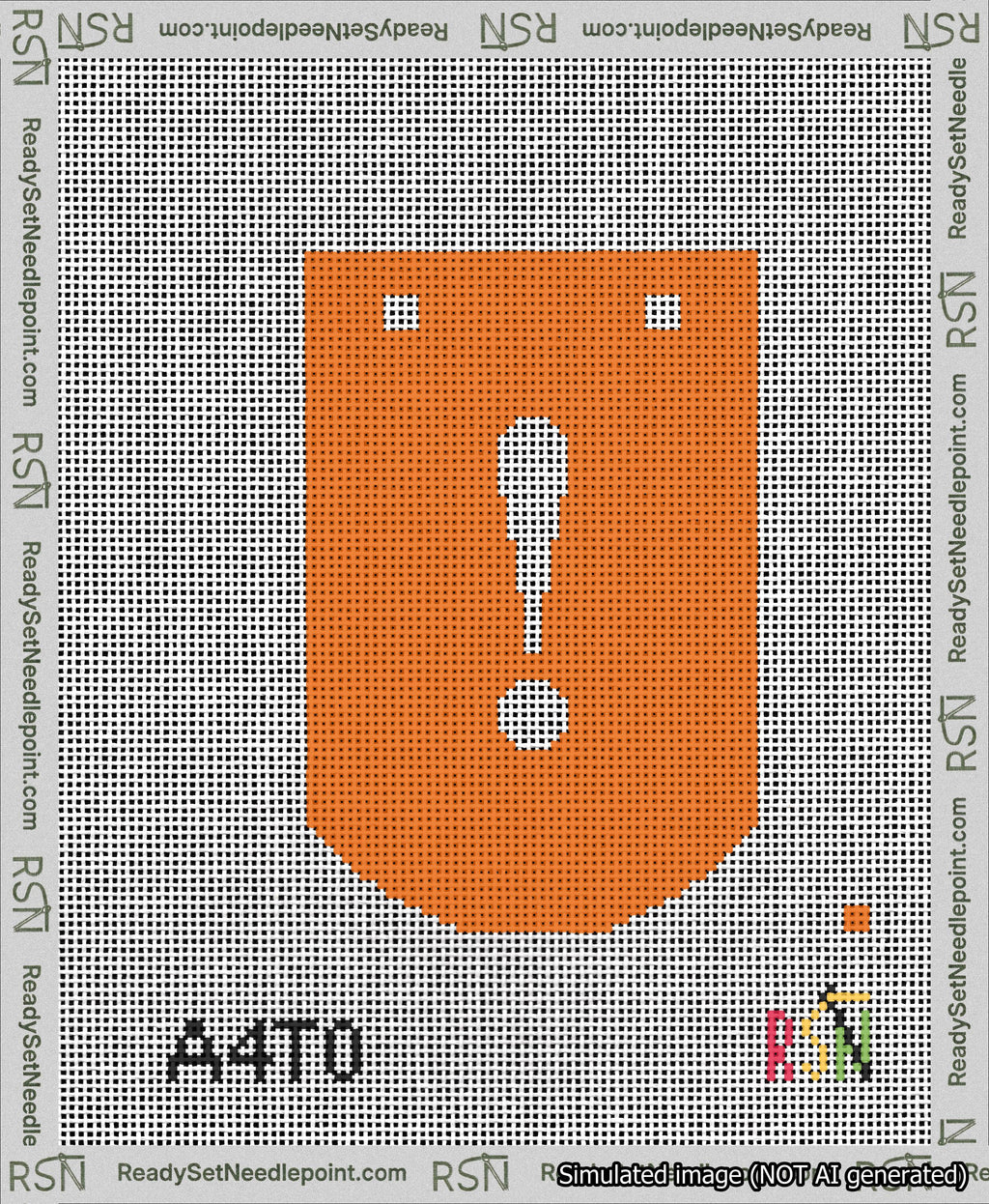 A taped needlepoint canvas with the design: Banner 13 mesh count Curved Exclamation White on Orange.