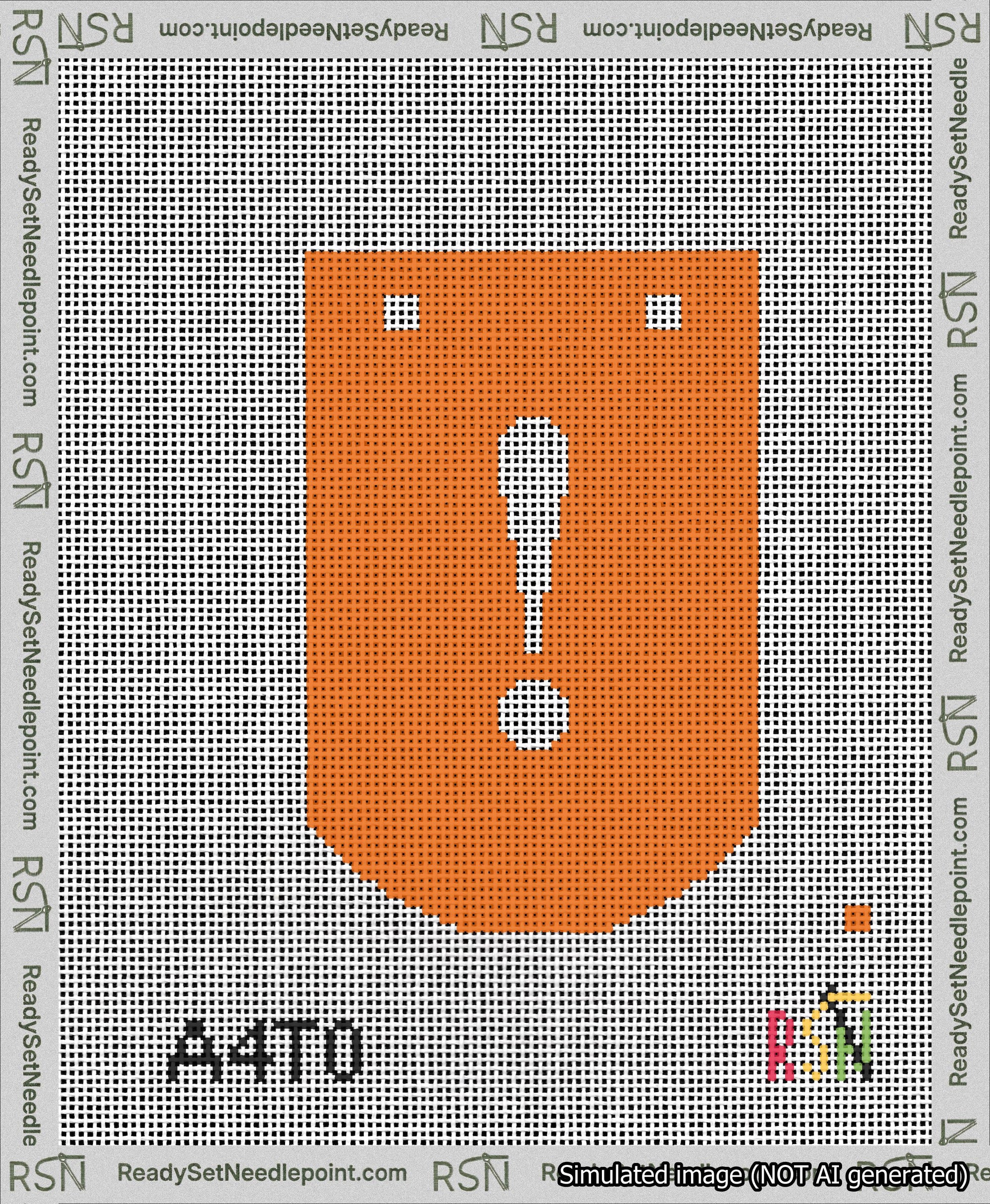 A taped needlepoint canvas with the design: Banner 13 mesh count Curved Exclamation White on Orange.