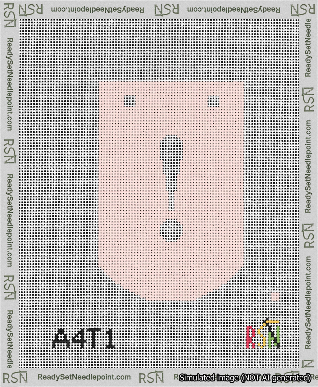 A taped needlepoint canvas with the design: Banner 13 mesh count Curved Exclamation White on Pink.