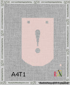 A taped needlepoint canvas with the design: Banner 13 mesh count Curved Exclamation White on Pink.