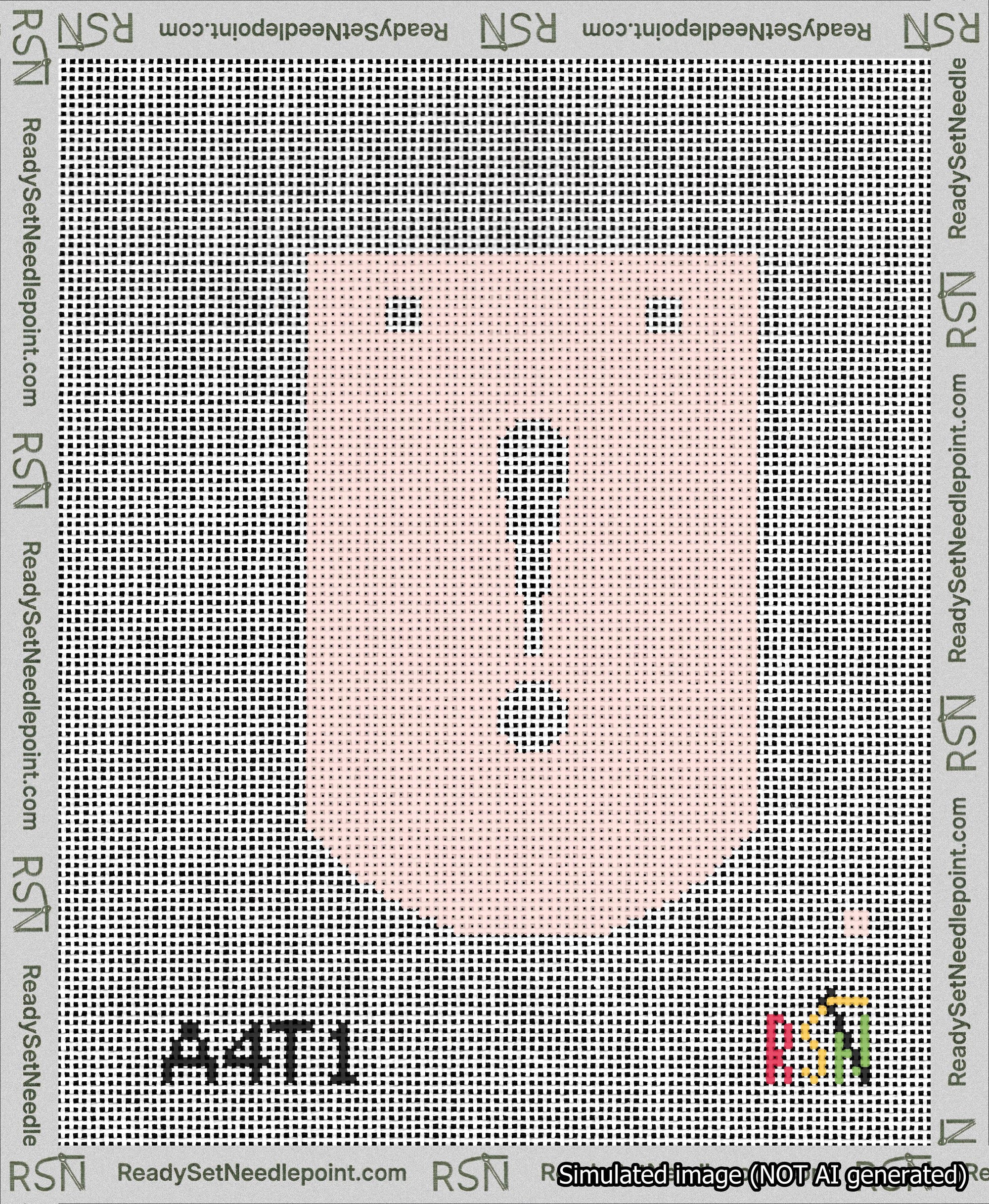 A taped needlepoint canvas with the design: Banner 13 mesh count Curved Exclamation White on Pink.