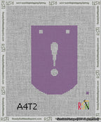 A taped needlepoint canvas with the design: Banner 13 mesh count Curved Exclamation White on Purple.