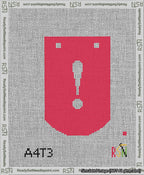 A taped needlepoint canvas with the design: Banner 13 mesh count Curved Exclamation White on Red.