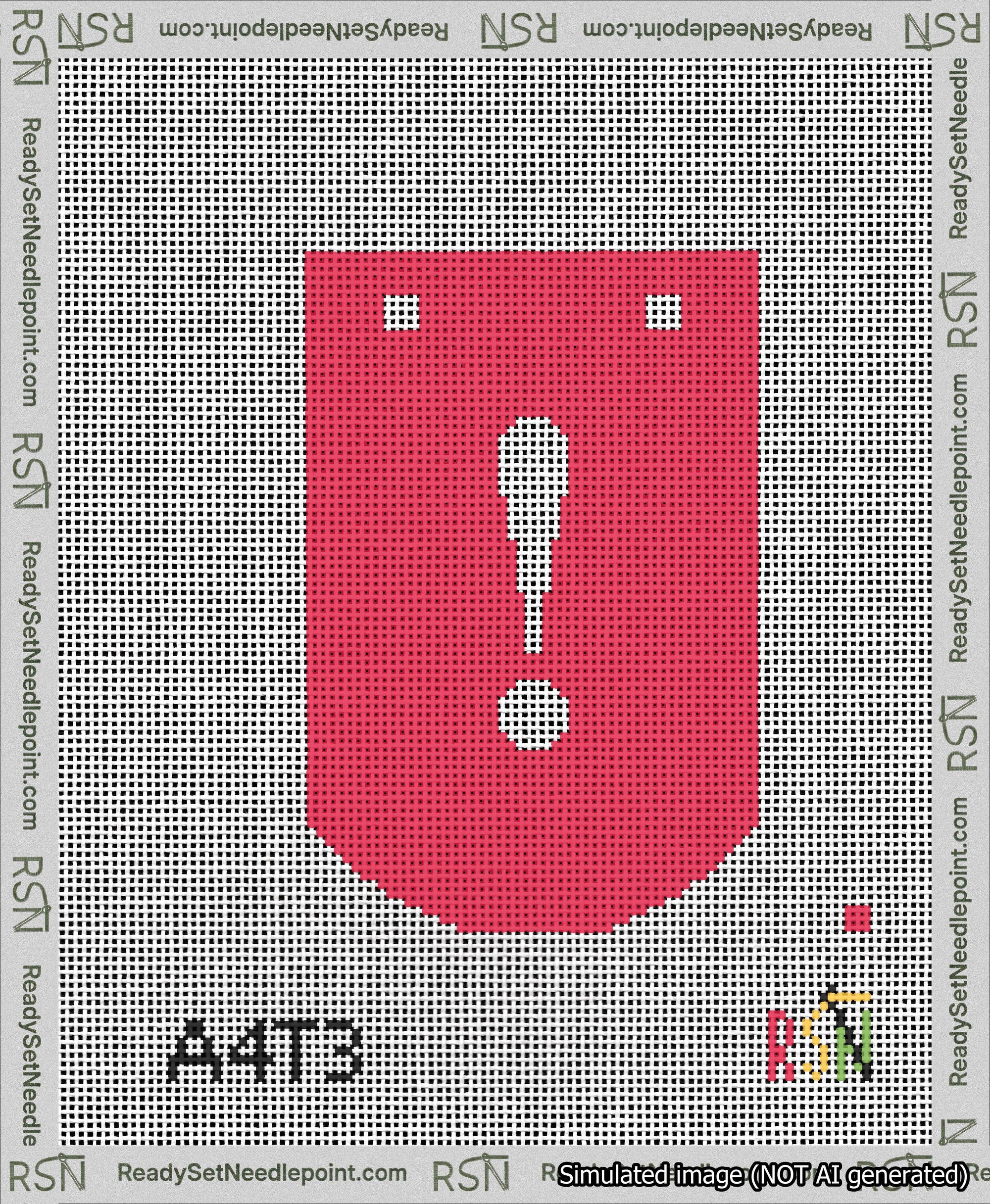 A taped needlepoint canvas with the design: Banner 13 mesh count Curved Exclamation White on Red.