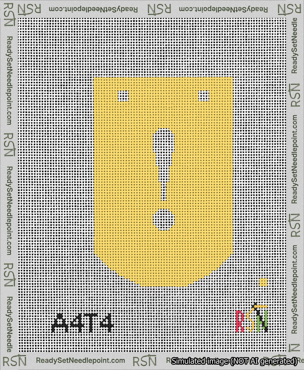 A taped needlepoint canvas with the design: Banner 13 mesh count Curved Exclamation White on Yellow.