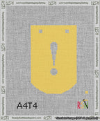 A taped needlepoint canvas with the design: Banner 13 mesh count Curved Exclamation White on Yellow.