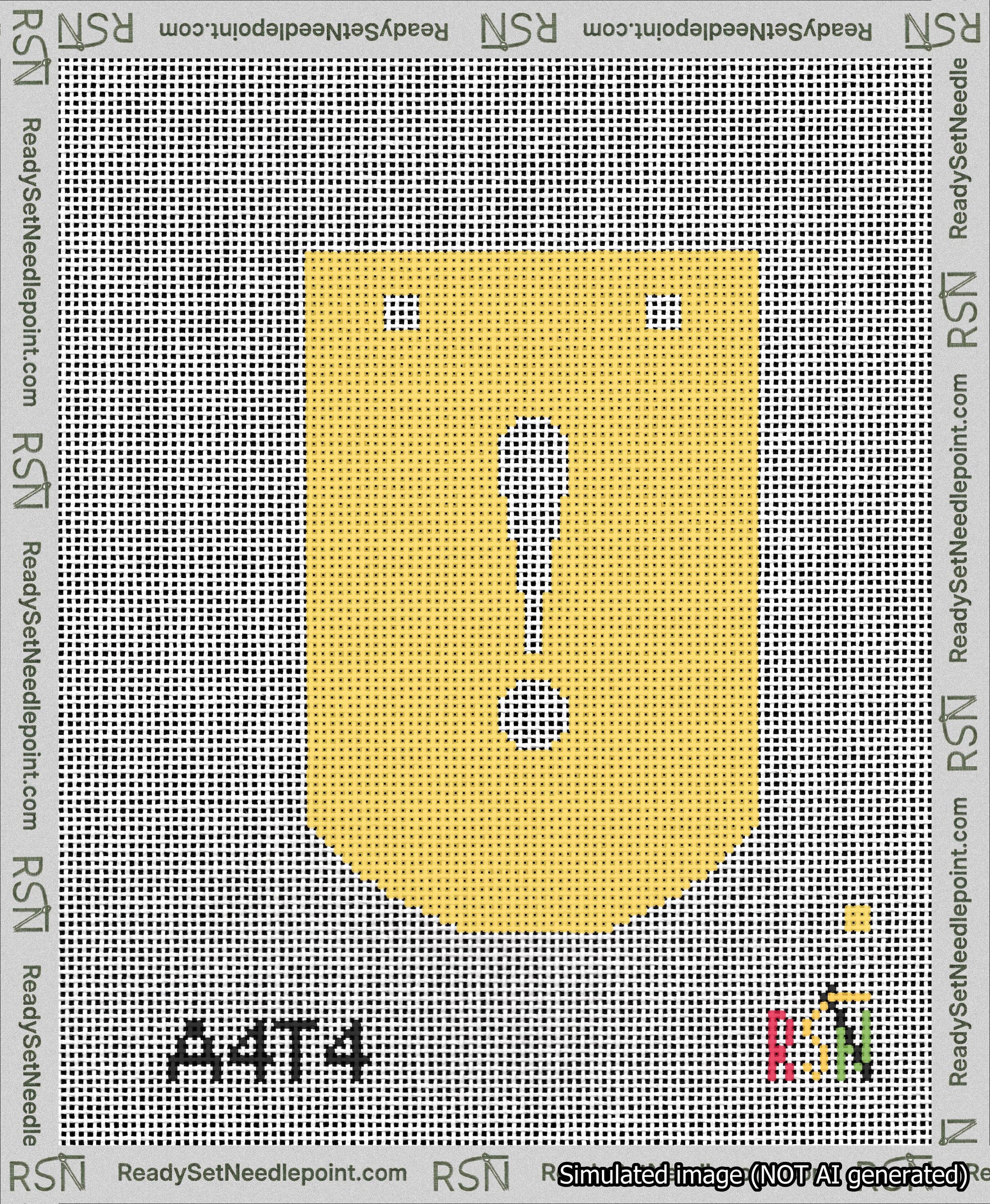 A taped needlepoint canvas with the design: Banner 13 mesh count Curved Exclamation White on Yellow.