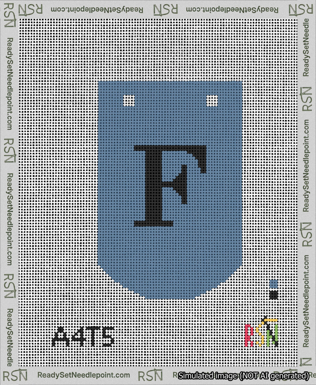 A taped needlepoint canvas with the design: Banner 13 mesh count Curved F Black on Blue.