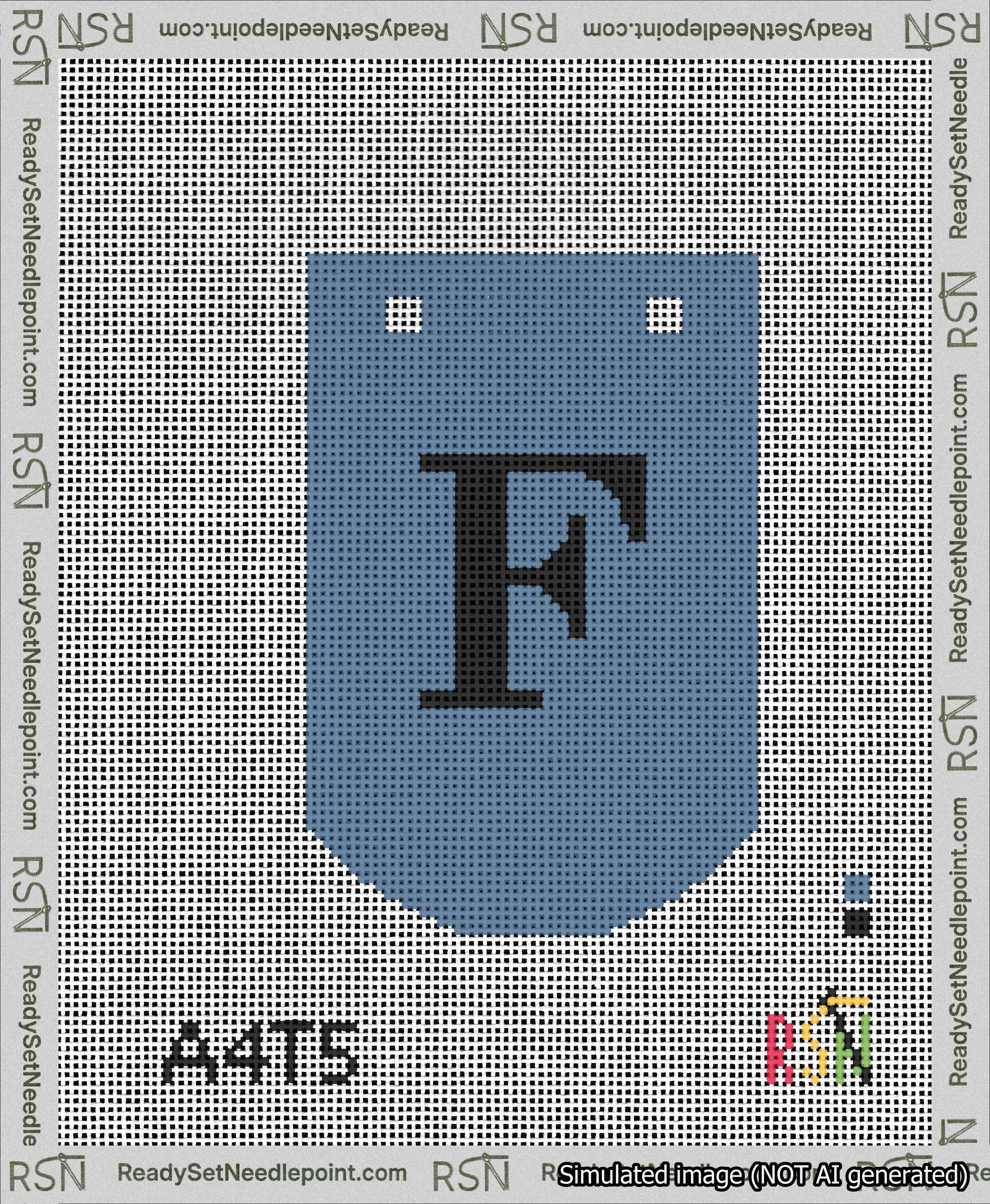 A taped needlepoint canvas with the design: Banner 13 mesh count Curved F Black on Blue.