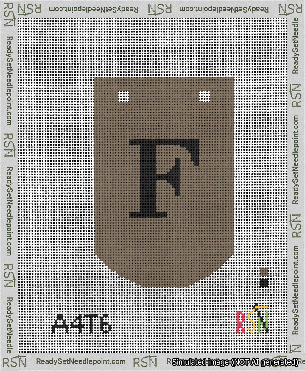 A taped needlepoint canvas with the design: Banner 13 mesh count Curved F Black on Brown.