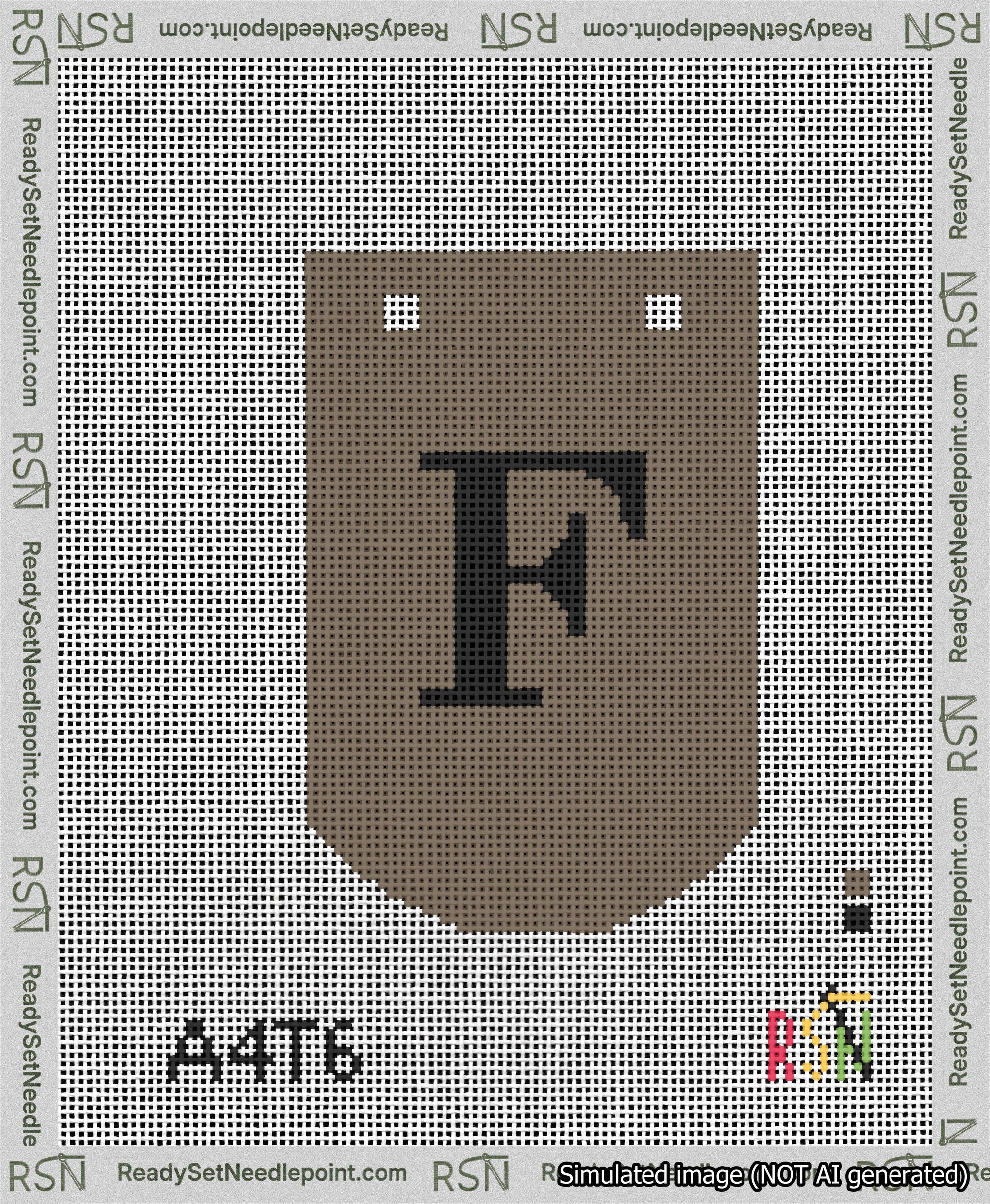 A taped needlepoint canvas with the design: Banner 13 mesh count Curved F Black on Brown.