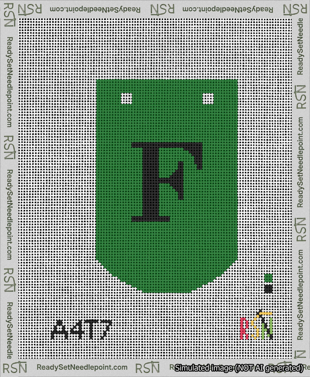 A taped needlepoint canvas with the design: Banner 13 mesh count Curved F Black on Green.