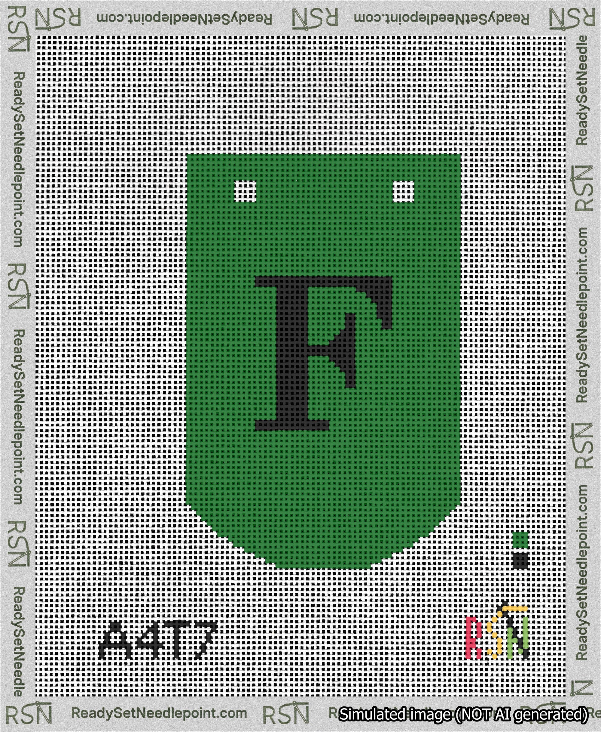 A taped needlepoint canvas with the design: Banner 13 mesh count Curved F Black on Green.