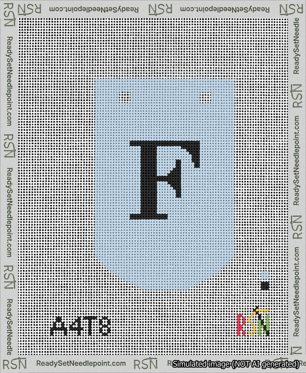 A taped needlepoint canvas with the design: Banner 13 mesh count Curved F Black on Light Blue.