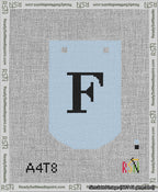 A taped needlepoint canvas with the design: Banner 13 mesh count Curved F Black on Light Blue.