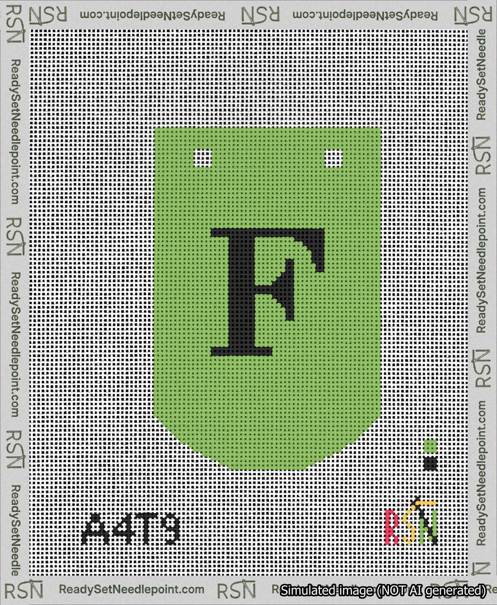 A taped needlepoint canvas with the design: Banner 13 mesh count Curved F Black on Light Green.