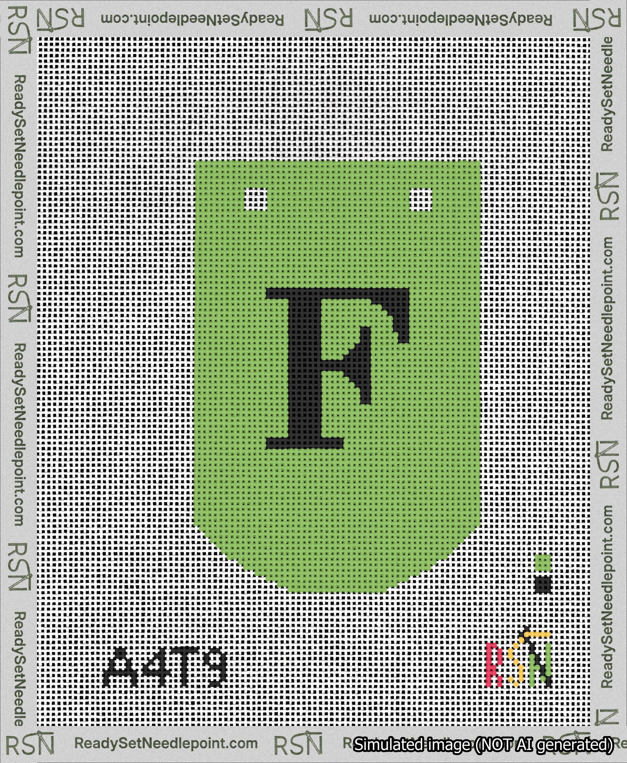 A taped needlepoint canvas with the design: Banner 13 mesh count Curved F Black on Light Green.