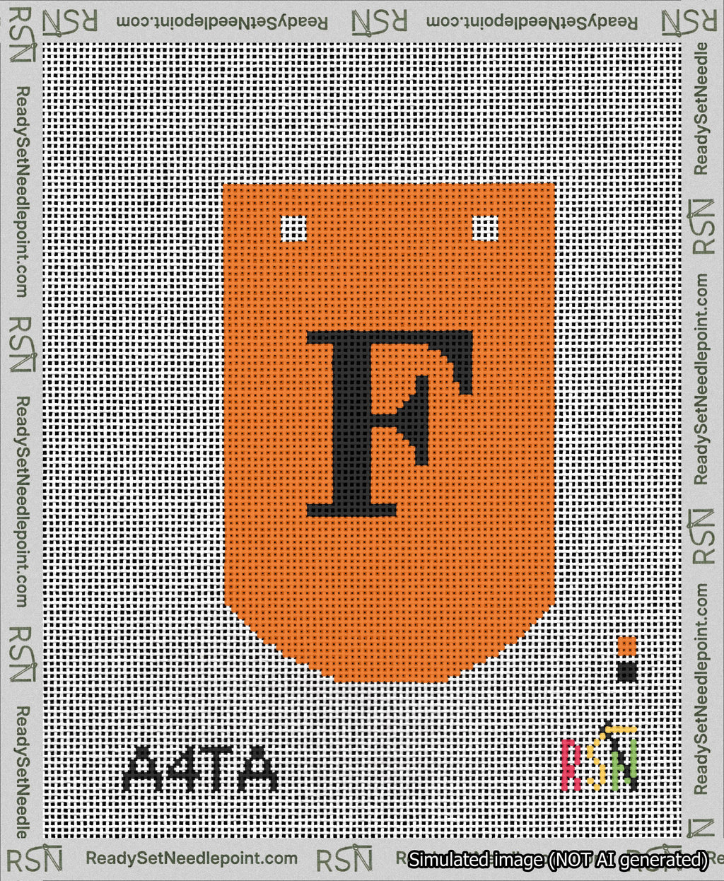A taped needlepoint canvas with the design: Banner 13 mesh count Curved F Black on Orange.