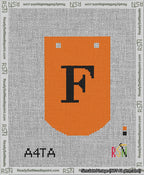 A taped needlepoint canvas with the design: Banner 13 mesh count Curved F Black on Orange.