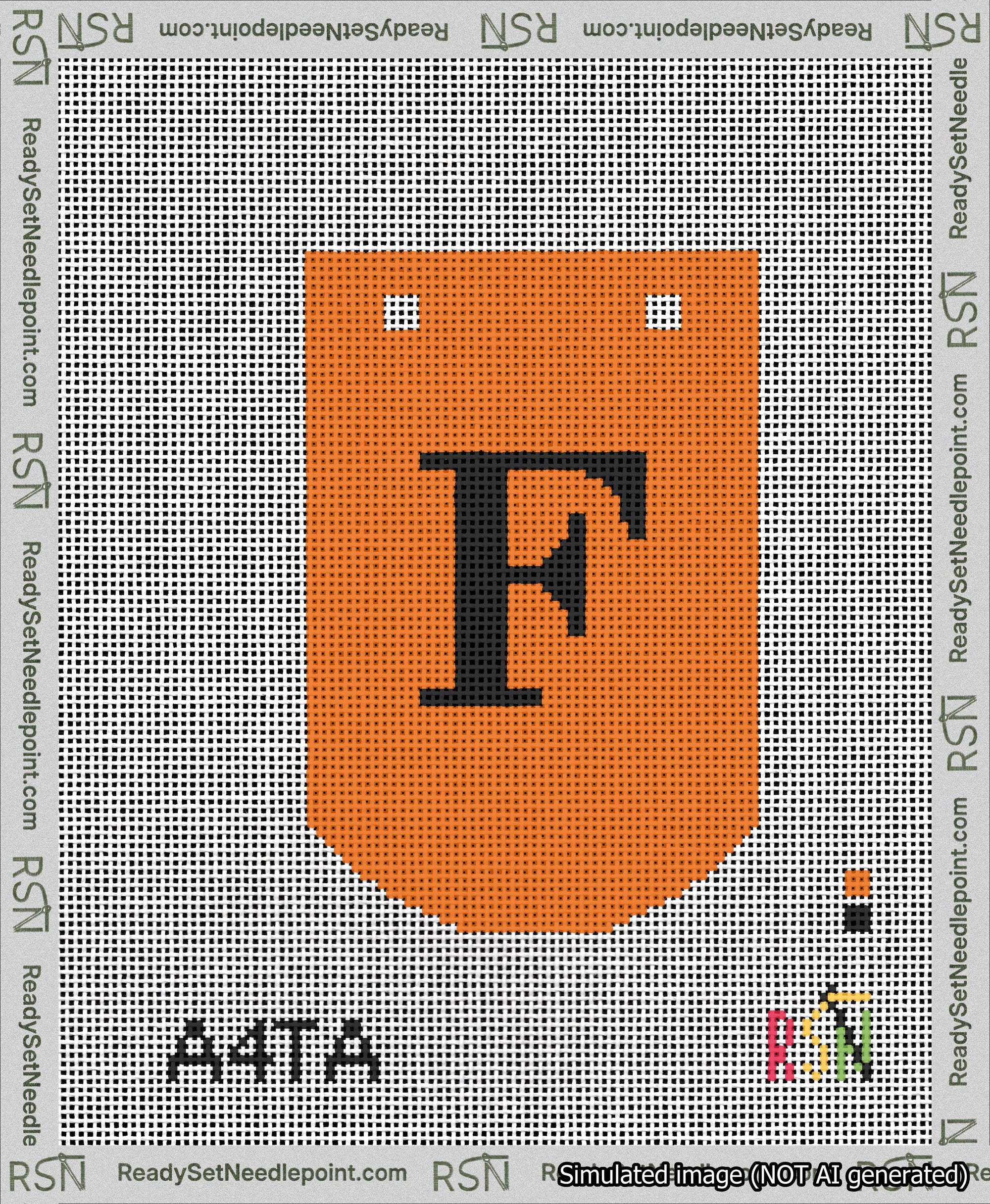 A taped needlepoint canvas with the design: Banner 13 mesh count Curved F Black on Orange.