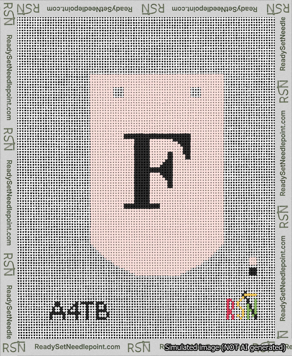 A taped needlepoint canvas with the design: Banner 13 mesh count Curved F Black on Pink.