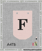 A taped needlepoint canvas with the design: Banner 13 mesh count Curved F Black on Pink.