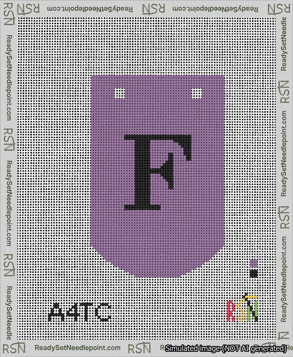 A taped needlepoint canvas with the design: Banner 13 mesh count Curved F Black on Purple.