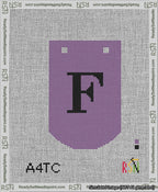 A taped needlepoint canvas with the design: Banner 13 mesh count Curved F Black on Purple.